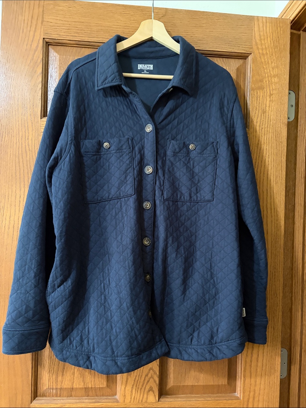 Duluth Trading Co Quilted Navy Button-Front
